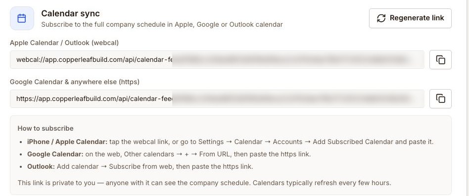 Calendar sync settings with Apple, Google and Outlook subscribe links