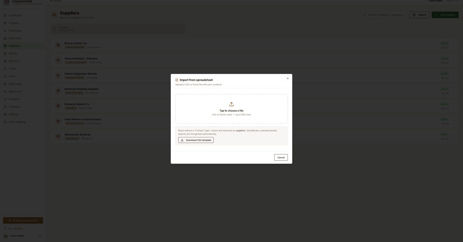 Import contacts from a CSV or Excel spreadsheet in Copperleaf Build