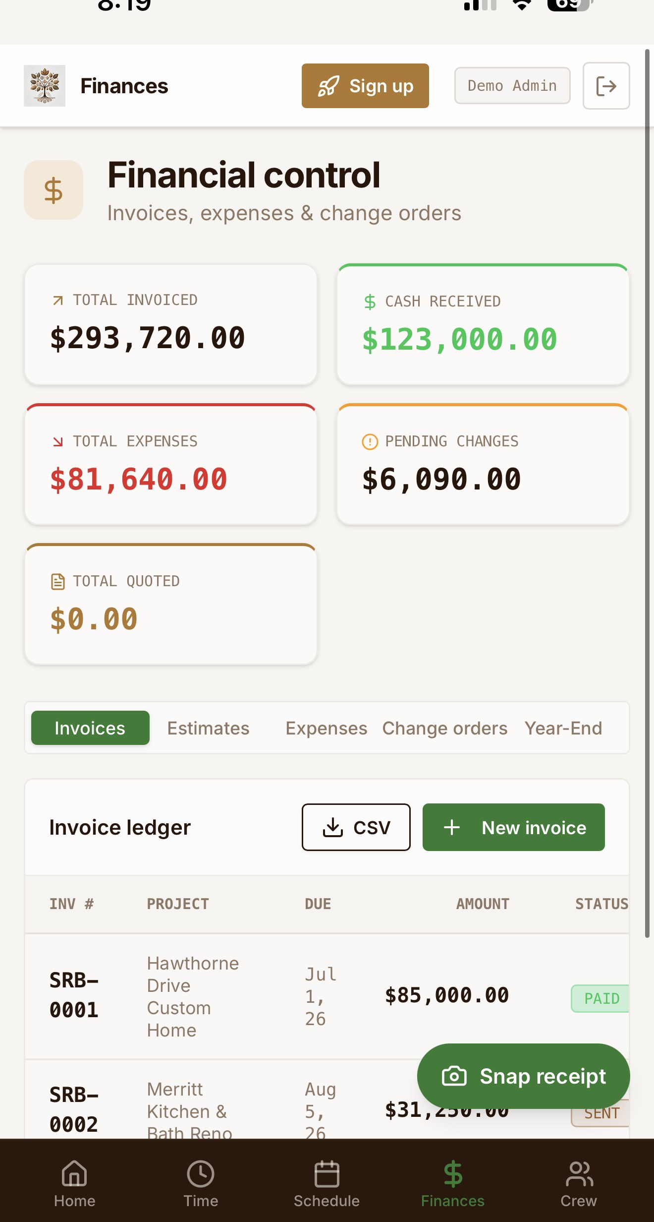 Snap receipt button in the Copperleaf Build mobile Finances tab